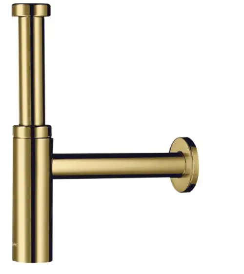 Hansgrohe Designsiphon in poliertem Gold mit zylindrischer Form und horizontalem Auslass, montiert an einer Wand.